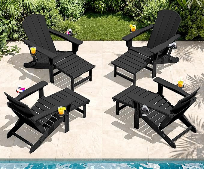 SERWALL Folding Adjustable Adirondack Chairs with Footrest Set of 4, HDPE Outdoor Chair with Dual Cup Holders, All Weather Adirondack Chair with Ottoman, Black