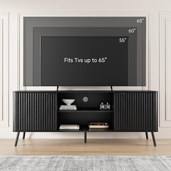 Fatmok TV Stand, 58" Modern Media TV Console Table with Storage for 55/60/65 inch TV, Mid Century Entertainment Center with Fluted Door Cabinets and Open Shelves TV Cabinet for Living Room, Bedroom
