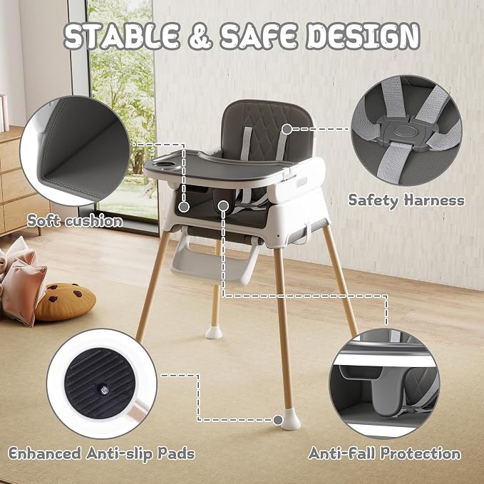4 in 1 Baby High Chair for Babies and Toddlers, Foldable & Portable Convertible Booster Seat, Adjustable Tray & Footrest, Lightweight, Stable, Easy to Clean, Grey