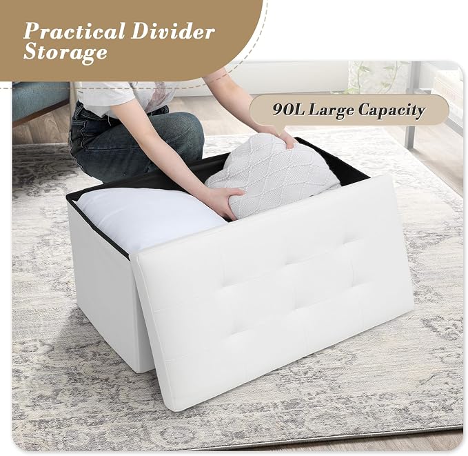 Athena Collection Leather Ottoman with Storage, 30 Inches Large Storage Ottoman Bench with 90L Storage, End of Bed Bench Foot Rest for Living Room, Bedroom, Entry, White