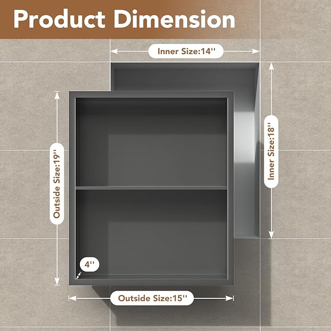 14x18 Recessed Medicine Cabinet, Bathroom Wall Cabinet, 304 Stainless Steel Recessed Wall Niche with 2-Tiers Shelves, Matte Gray