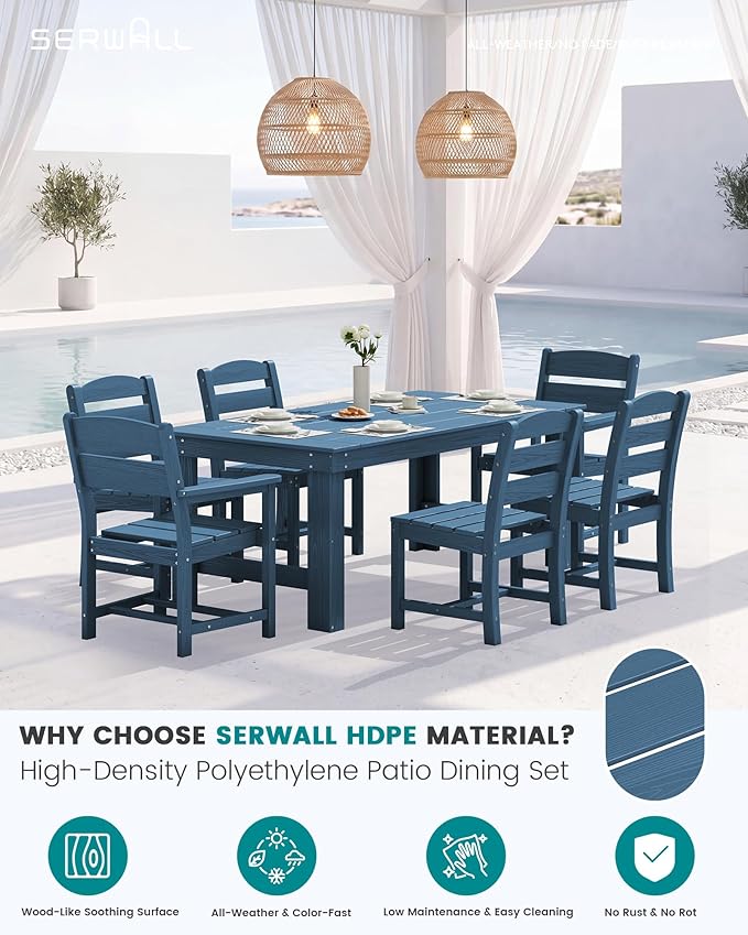 SERWALL Outdoor Dining Table Set, 67‘’ HDPE Patio Dining Set for 6, All-Weather Outdoor Table and Armless Chairs Set for Deck, Blue