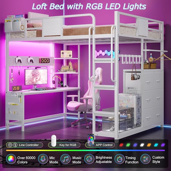 BYSAUD Full Size Loft Bed, Loft Bed with Desk, Full Loft Bed, 6 Storage Drawers & 4 Storage Shelves & 2 Storage Bags, LED Lights & Charging Station, Safety Guard & Ladder, Noise Free, White