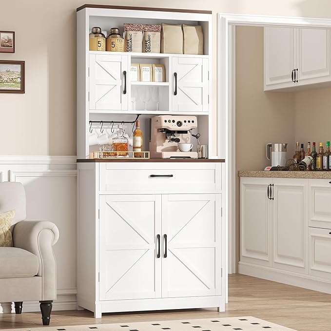 Saudism 70" Tall Farmhouse Kitchen Pantry Cabinet, Wooden Storage Cupboard with Barn Doors, Drawers & Cup Holder, Microwave Stand for Dining Room, White