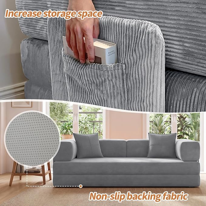 78.8" Convertible Sofa Bed with Armrest Pillow, 4-in-1 Sleeper Couch Bed for Livingroom, Modular Corduroy Boneless couches, No Assembly (Grey)