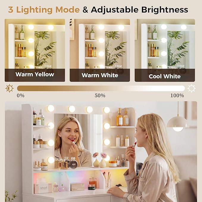 COMHOMA Vanity Desk with Lighted Mirror and Power Outlet, RGB LED Lights Makeup Vanity Set for Girls, Large Storage Capacity Dressing Table for Bedroom, 3 Lighting Modes Adjustable Brightness, White