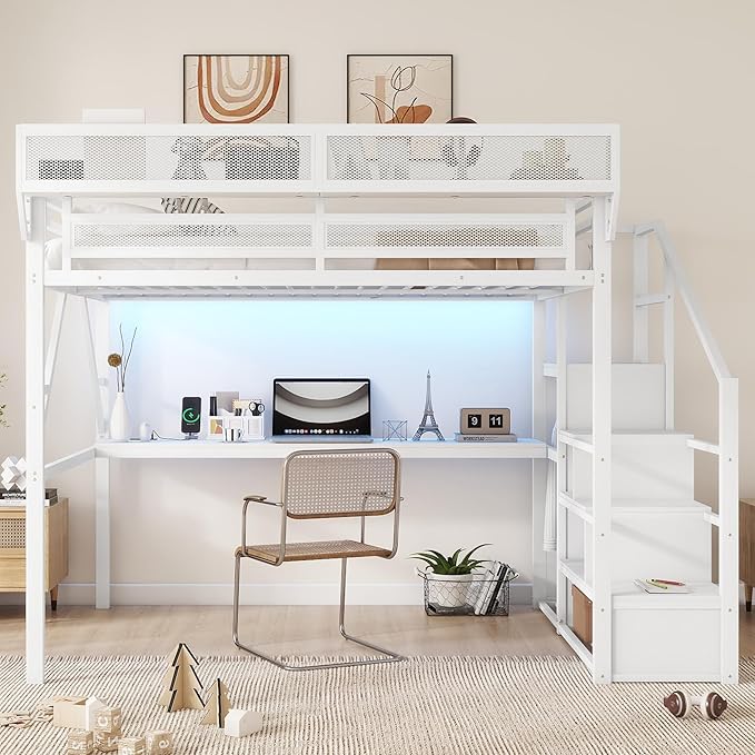 KEIKI Queen Size Metal Loft Bed Frame with Desk, Staircase, Built-in Storage Shelves and Wardrobe, Modern Loft Bed with Solid Slat, Guardrail, No Box Spring Required, Easy Assembly, for Bedroom, White