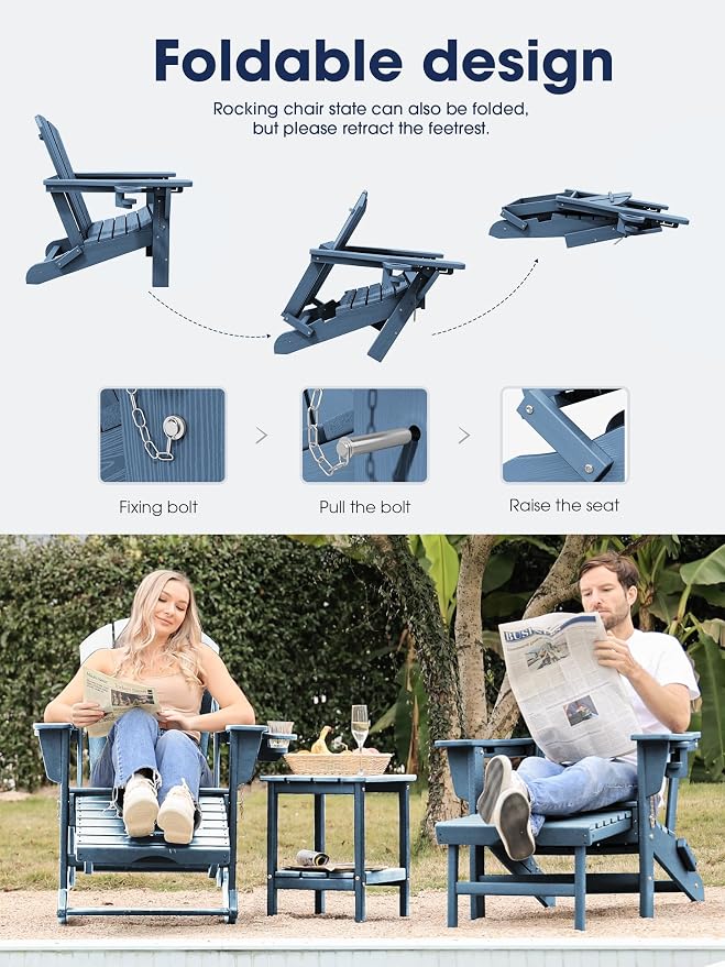KINGYES Adirondack Rocking Chair Set of 4 with Retractable Ottoman and Cup Holders, HDPE Adirondack Rocker Patio Rocking Chair for Porch, Patio, Balcony, Deep Blue