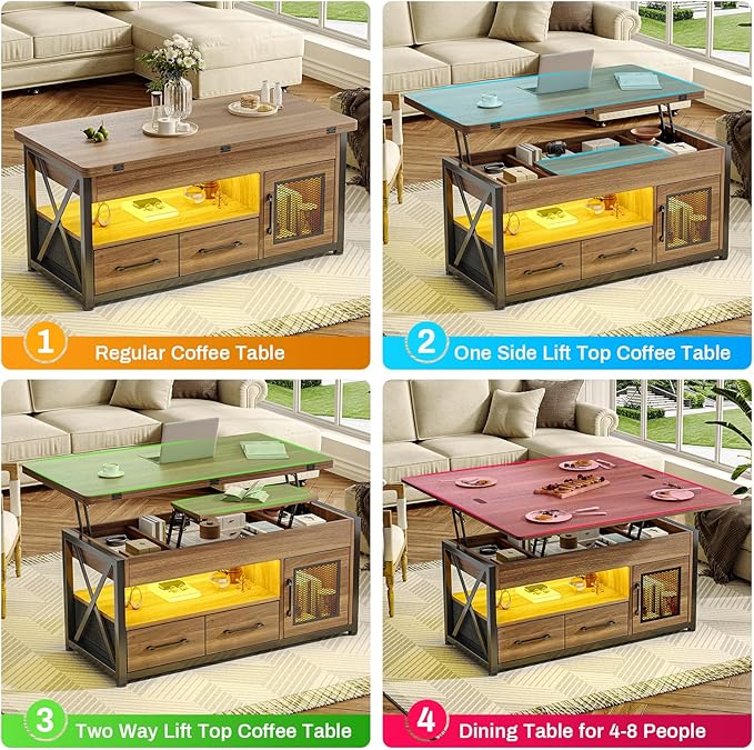 Itaar 40" Lift Top Coffee Table, 4 in 1 Coffee Tables with Storage Cabinet for Living Room, Small Farmhouse Coffee Table with 2 Fabric Drawers & LED Light for Dining Room, Walnut
