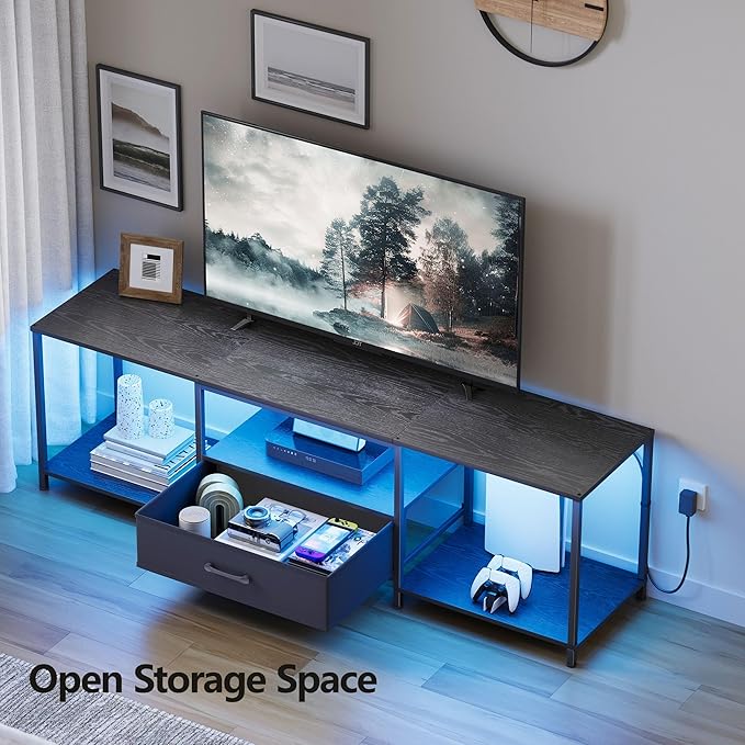 JARHETUN TV Stand with LED Lights, Entertainment Center with Open Shelves and Fabric Drawer, Media Console for 80 Inch TV, Television Stands for Living Room, Bedroom, Black