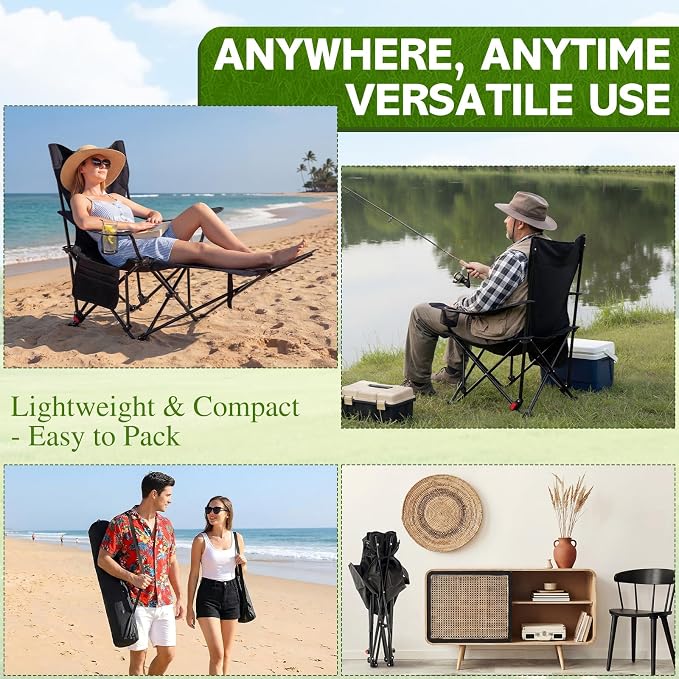 Karenhi 2 Pcs 2-in-1 Reclining Camping Chair with Removable Footrest Folding Recliner Camping Portable Beach Lounge Chair Oxford Fabric Reclining Design with Pillow Pockets Carry Bag