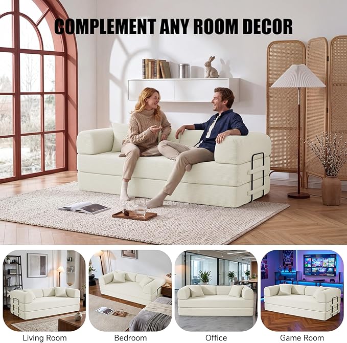 79" Compressed Sofa, Convertible Sofa Bed, Corduroy Compression Boneless Couch with Pillow, Comfy Modular Foldable Floor Sleeper Sofa for Bedroom, Living Room, Lounge, Studio (White)