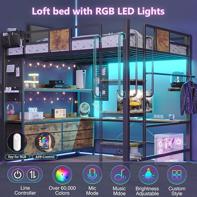 BYSAUD Full Size Loft Bed with Desk and 5 Drawers, Stable Metal Loft Bed Frame with Upholstered Backrest, Stairs, Power Outlet & LED Lights, Noise Free Space-Saving Design, Rustic Brown