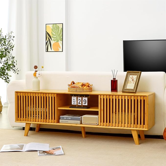 Bamboo TV Stand for TVs up to 65", Accent Entertainment Center with Storage, Media Console Table with Sliding Fence Door, Modern TV Stand for Living Room, Bedroom, 55"(L), Burlywood