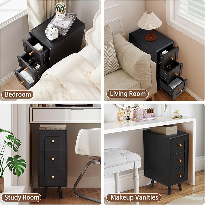 Narrow Nightstands with 3 Drawers, Wooden Farmhouse Bedside Tables, Slim End Tables with Storage, Small Night Stand for Bedroom, Living Room, Small Spaces