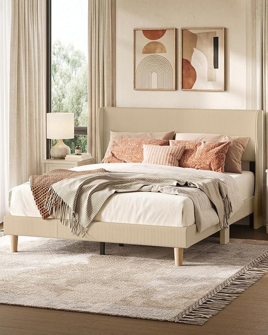Bestier Platform Queen Size Bed Frame with Wingback Headboard,Upholstered Queen Bed with Strong Wooden Slats,No Box Spring Needed,Never Squeaks,Easy Assembly,Taque