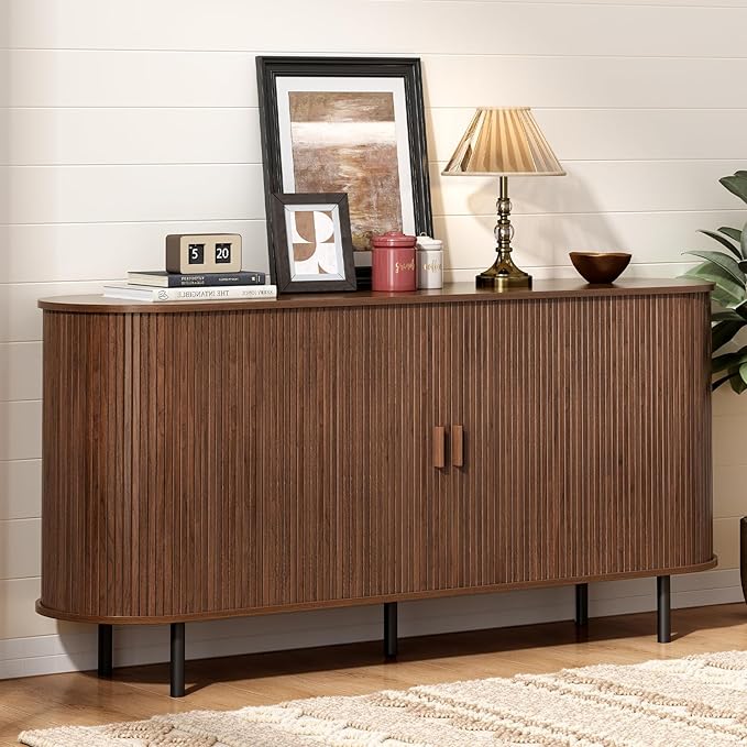 ONBRILL 63" Sideboard Buffet Cabinet with Storage, Storage Cabinet with Sliding Door & Adjustable Shelf, Modern Accent Coffee Bar Console Table for Kitchen, Entryway, Walnut
