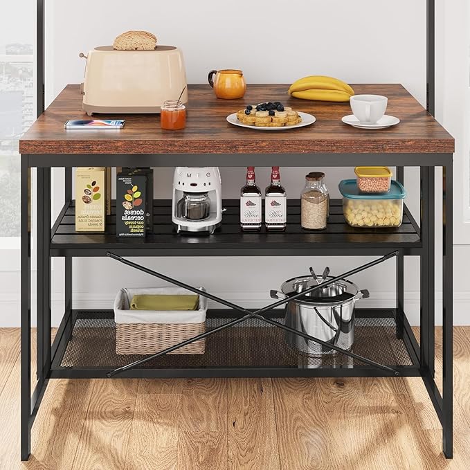 GarveeHome Kitchen Island with Storage, 42''Island Table for Kitchen with Seating Bakers Rack Microwave Oven Stand Shelf with 3 Tier Storage Shelf for Dining Room Living Room, 5 Hooks 42"*28"*72"