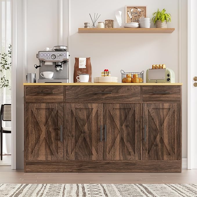 Vongrasig Buffet Cabinet with Drawers, 53” Large Sideboard Buffet Kitchen Storage Cabinet, Modern Farmhouse Coffee Bar with Shelves and Doors, Wood Buffet Table for Kitchen, Dining Room, Rustic Brown
