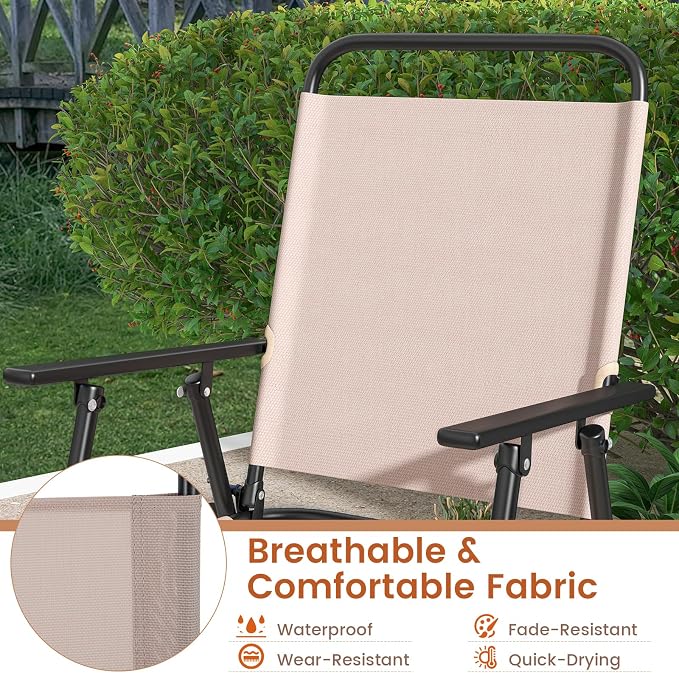 COSTWAY Outdoor Folding Bar Chairs Set of 4, 24 Inch Counter Height High Top Chairs with Metal Frame, Armrest & Footrest, Patio Barstools for Balcony, Poolside, Backyard, Beige
