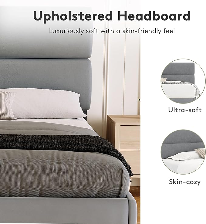 GRUSIGN King Size Platform Bed Frame with Velvet Headboard, Adjustable Height Wooden Slats Support, Upholstered Mattress Foundation, Fits Mattress or Mattress with Box Spring, Easy Assembly, Grey