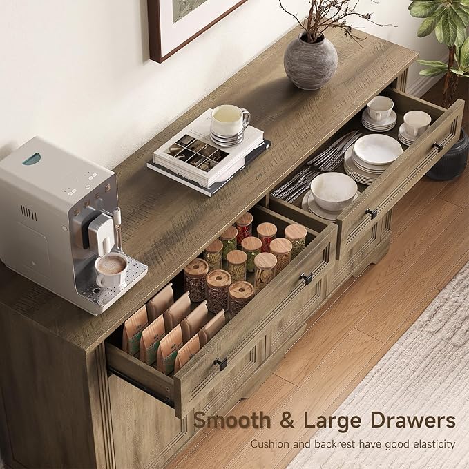 ONBRILL 63" Sideboard Buffet Cabinet, Kitchen Buffet Storage Cabinet, Large Credenza with Drawers & Doors, Wood Coffee Bar Console Wine Bar for Living Room Hallway Washed Brown