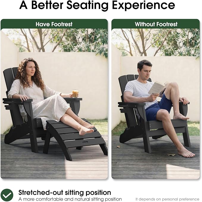 Adirondack Ottoman Footrest for Adirondack Chair, All-Weather HDPE Outdoor Foot Stool, Folding Patio Ottoman for Lawn, Garden, Deck, Backyard, Black