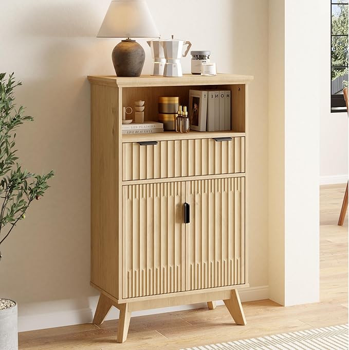 Fatmok Buffet Cabinet with Storage, 40" Modern Fluted Coffee Bar Cabinet with Drawer & Open Shelf, Wood Buffet Sideboard Console Table for Entryway, Kitchen, Living Room (Natural Wood)