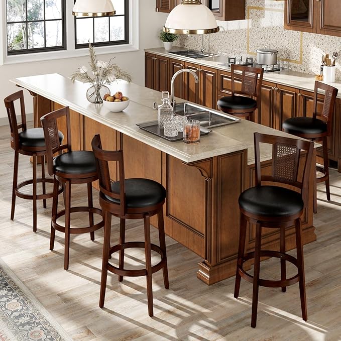 Sophia & William Swivel Counter Height Bar Stools Set of 6, 26 Inch Faux Leather Barstools with Backrest & Solid Wood Legs, Brown Kitchen Counter Stools