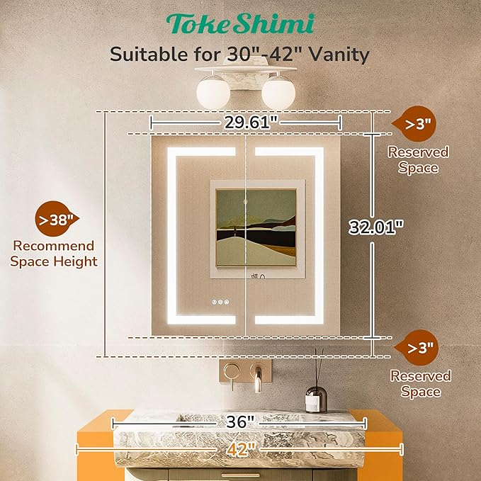 TokeShimi 30x32 Lighted Medicine Cabinet Mirror with Electrical Outlet, Led Medicine Cabinet with Lights Frontlit, Anti-Fog 3 Colors Dimmable Mirror with Storage for Bathroom, Wall Mounted/Recessed