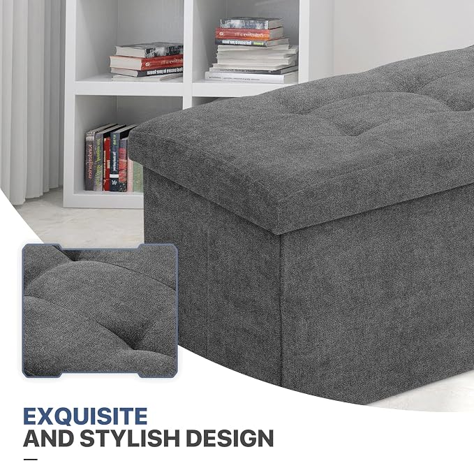 MoNiBloom 43 Inches Folding Storage Ottoman Bench, Storage Chest, Padded Seat, End of Bed Bench, Linen Fabric Ottoman Footrest for Living Room, Bedroom, Entryway, Dark Gray