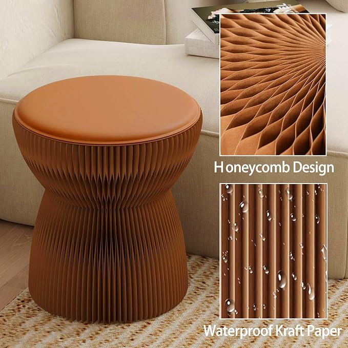 Accordion Folding Stool, Bouquet Shaped Collapsible Kraft Paper Stool for Adults, 660lbs Honeycomb Fold Up Ottoman, Portable Under Desk Footrest Seat for Living Room, Dorm & Office (15 Inch, Brown)