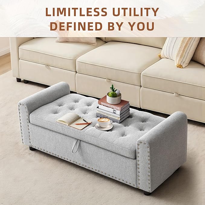 48" Ottoman with Storage, Tufted Storage Ottoman Bench, Convenient Living Room Fabrics Bench Seat, Entryway Shoe Benches with Inner Zipper&Arm, Upholstered Window Seat Ottomans with Rivets, Light Grey