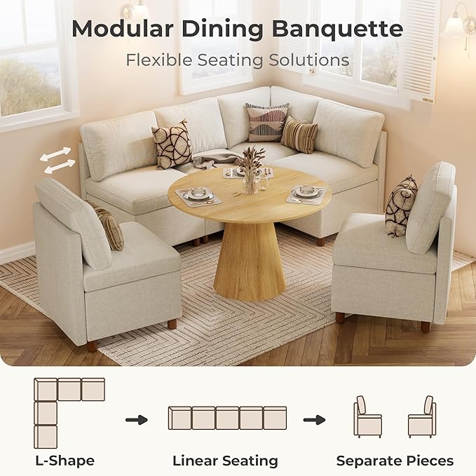 SITJOY Breakfast Nook Bench with Storage, Modular Corner Kitchen Banquette Seating, Dining Settee Couch, Upholstered Dining Bench with Back, Soft-to-Touch Fabric in Beige, 5-Seat L Shaped Nook
