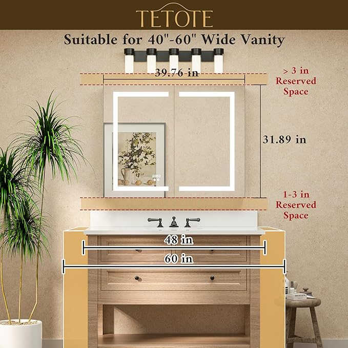 TETOTE Lighted Medicine Cabinet Mirror for Bathroom 40 x 32 LED Mirrored Medicine Cabinet with 3-Color Lights, 2 Door Tempered Glass Recessed or Surface Mount Cabinet, Outlets & USB, Adjustable Shelf