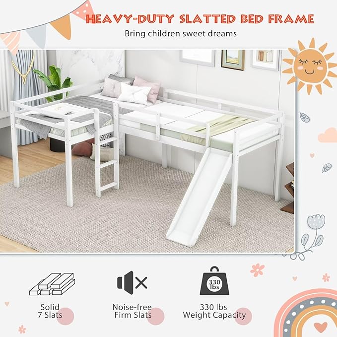 Merax Twin Size Double Loft Bed with Slide and Ladder, Wooden L-Shaped Bed Frame with Full-Length Guardrail, Wood Bedframe for Kids Teens Adults Bedroom, 2 Twin Beds,White