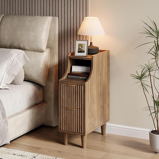 Fluted Nightstands Set of 2,Narrow Bedside Table with 2 Drawers & Storage, Farmhouse Walnut End Table Modern Side Table for Bedroom Livingroom Sofa Office