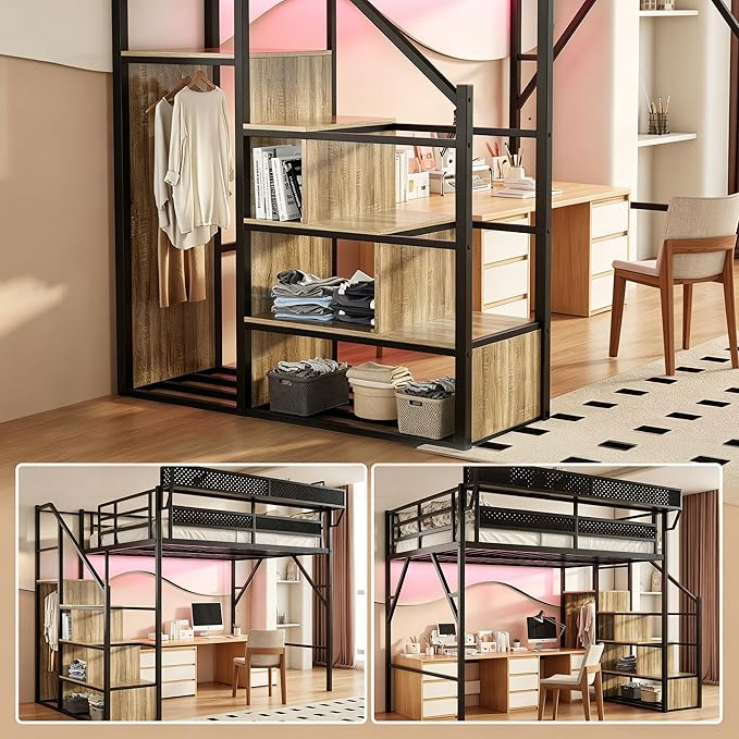 Queen Size Metal Loft Bed with LED Lights and USB Charging Port, Storage Shelf, Reversible Storage Stairs with Wardrobe, Heavy Duty Noise-Free Design, Large Under Bed, No Box Spring Needed