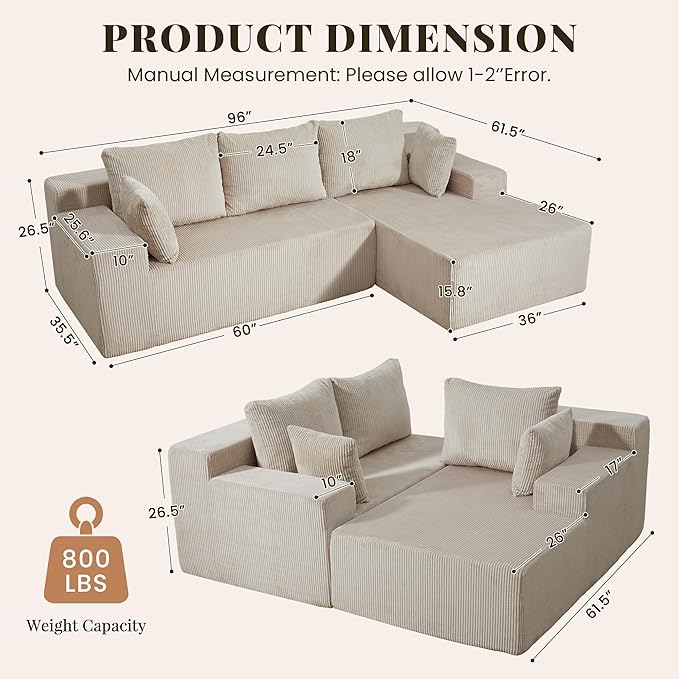 GRUSIGN Cloud Sectional Boneless Couches for Living Room, Modular L Shaped Couch with Deep Seat Oversized Right Facing Chaise, Memory Foam Compressed Spineless 3 Seater Sofa for Apartment, Taupe | No Assembly Required