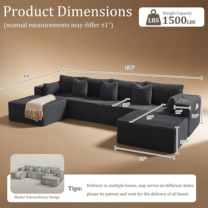 138" Cloud Sectional Couch, Comfort U Shaped Sofa for Living Room, Extra Deep Seats No Assembly, Minimalist Modular Couch, Corduroy (Dark Grey, 6 Seats,U-Shape A)