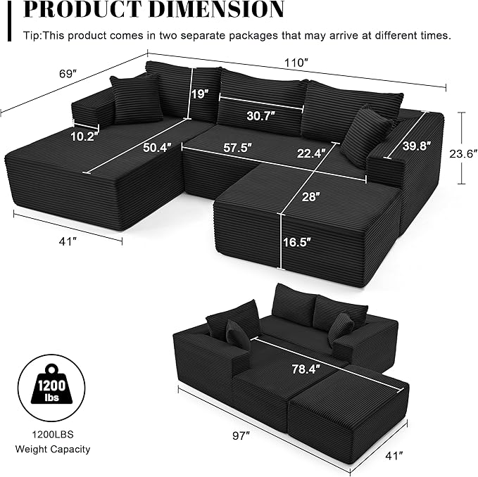 Mangodan 110” Cloud Sectional Couch, Modular Sectional Sofa with Deep Seat, Boneless Sofa for Living Room, Fluffy Comfy U-Shaped Couch with Left Facing Chaise, No Assembly Required, Black