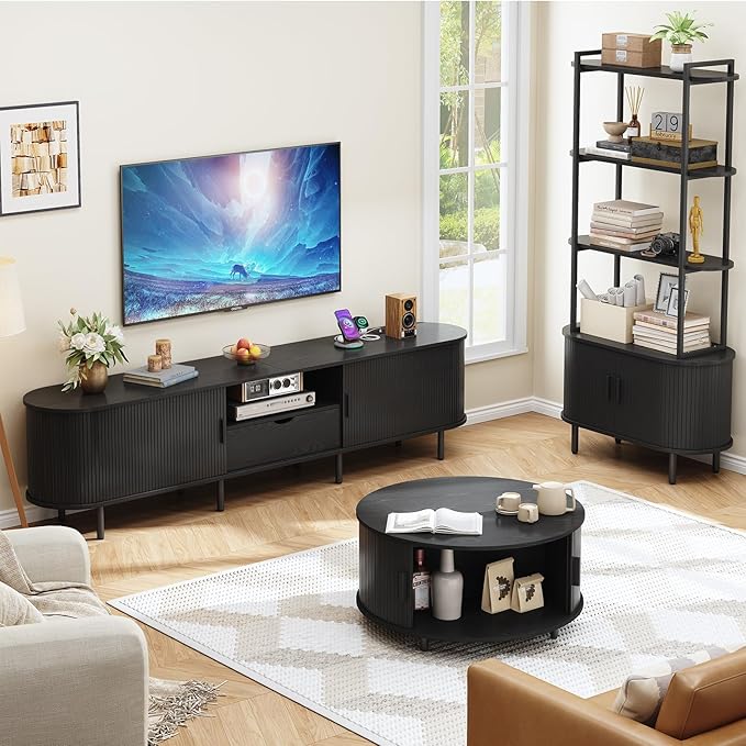ONBRILL 86.6" TV Stand with Power Outlet for TVs up to 90", Entertainment Center with Storage and Drawer, TV Console with Adjustable Shelves and Sliding Door, TV Stand for Living Room, Bedroom, Black