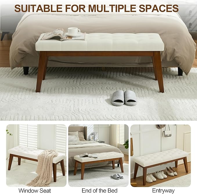 WUTUTUEE 43.5'' Linen Bedroom Bench, Upholstered End of Bed Bench with Tufted Button, Padded Vintage Dining Bench, Entryway Bench with Solid Wood Legs, Kitchen, Living Room, Hallway, Beige Tufted
