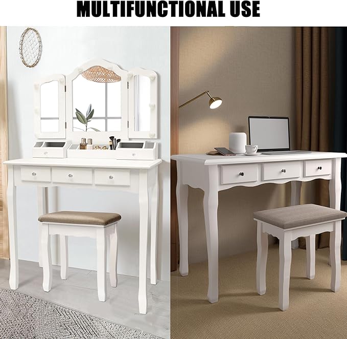 NEDYO Vanity Table, Vintage Vanity Desk with Mirror and Lights, Tri-Fold Mirror Small Makeup Vanity with Chair, Vanity Set for Bedroom and Small Spaces. White