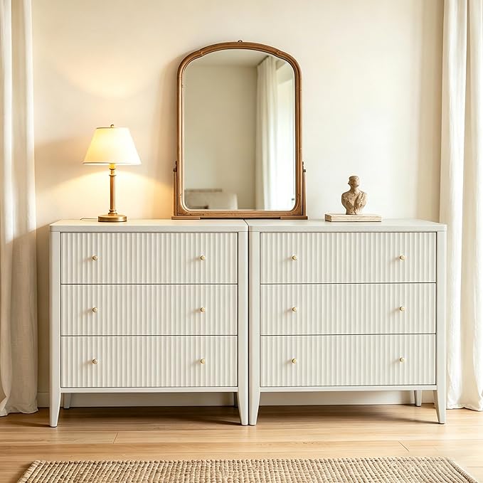 Fatmok Fluted 3 Drawer Dresser for Bedroom, 34" Wide Chest of Drawers, Modern Wood Nightstand End Table with Metal Handles, Striped Storage Cabinet for Living Room, Hallway, Entryway, Alabaster White