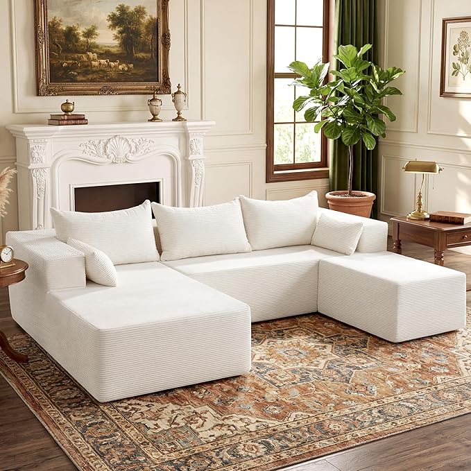 106" Cloud Sectional Boneless Couches for Living Room, Modular U Shaped Couch with Deep Seat, Removable Ottoman, Memory Foam Compressed Spineless 4 Seater Sofa for Bedroom Apartment, Beige
