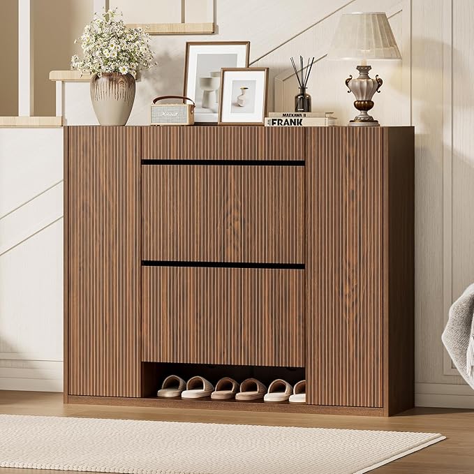 ONBRILL Large Shoe Cabinet with 2 Flip Drawers (3-Tier Each), 27-35 Pairs Shoe Organizer with Storage Drawer, 2 Doors & Open Shelf, 47.2'' Wide Shoe Storage Cabinet for Entryway Hallway (Walnut)