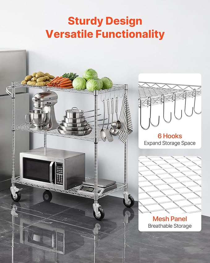VEVOR Kitchen Utility Cart, 3 Tier Heavy Duty Adjustable Wire Storage Rack, Commercial Steel Rolling Service Trolley on Wheels, Work Table with Handle Bar, for Garage and Laundry Room, 35x17.8x40.9 in