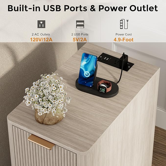 Homleke Narrow End Table with Fluted Drawer and Charging Station, Small Nightstand with USB Ports & Outlets, Bedside Table for Bedroom or Living Room, Modern Accent Table, Light Gray Oak