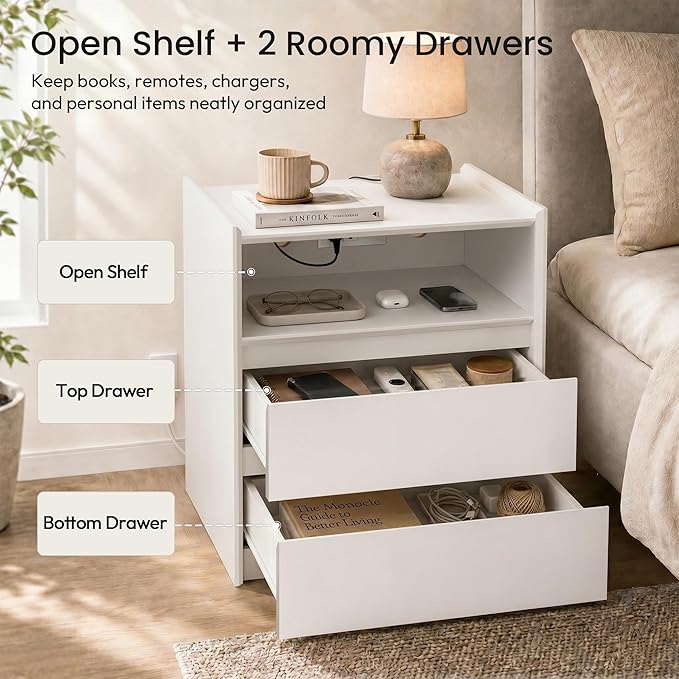 24" Tall Nightstand with Charging Station Including USB-C, Modern Bedside Table and Sofa End Table - White, 2 Drawers, Set of 2